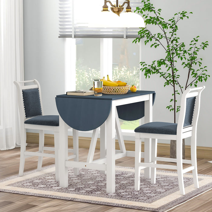 Topmax 3 Piece Wood Counter Height Drop Leaf Dining Table Set With 2 Upholstered Dining Chairs For Small Place, White + Gray