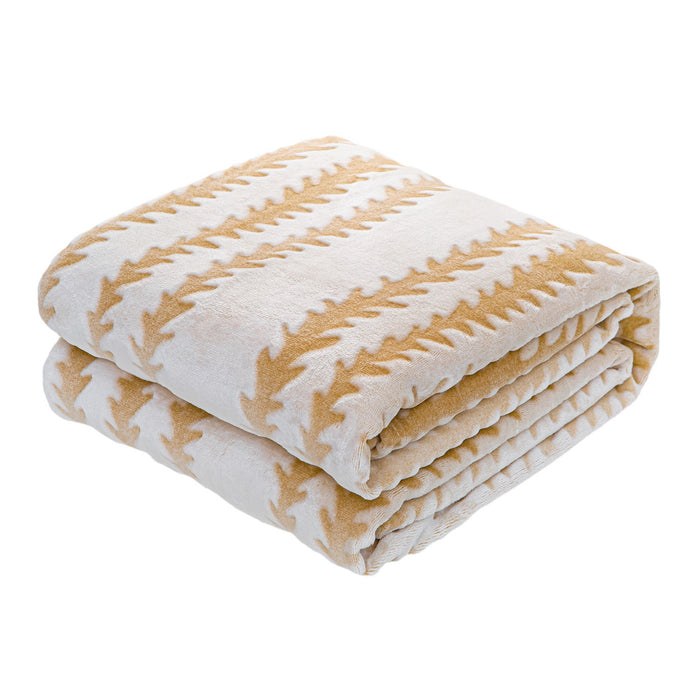 Back Printing Shaved Flannel Plush Blanket, Light Brown Stripe Blanket For Bed Or Sofa, 80" X 90" (Set of 2)