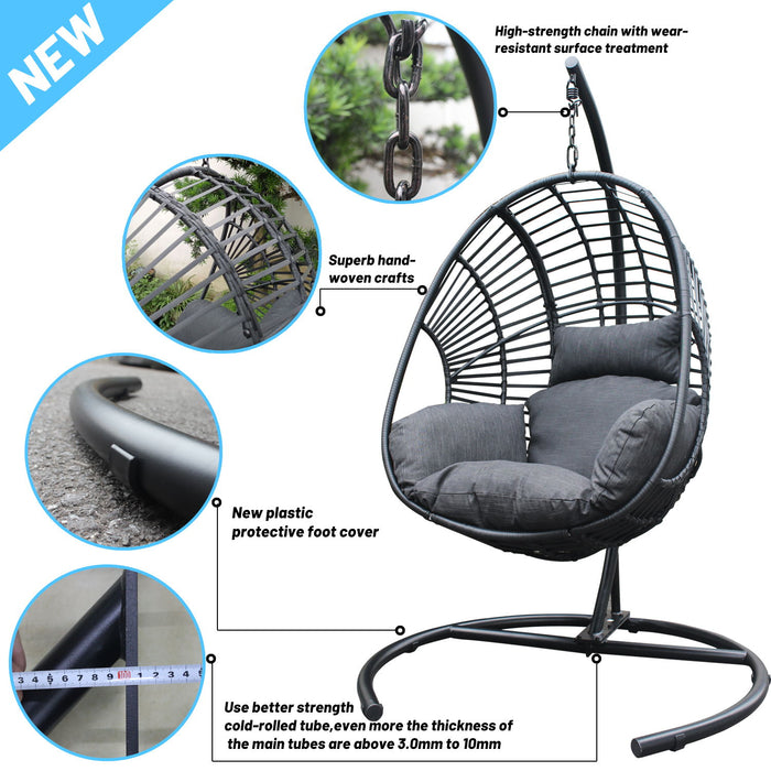 High Quality Outdoor Indoor Black Color PE Wicker Swing Egg Chair With Antracite Color Cushion And Black Color Base