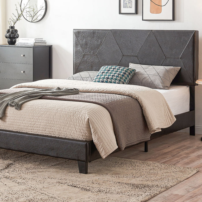 Queen Size Upholstered Platform Bed Frame, Wood Slat Support - Black PU