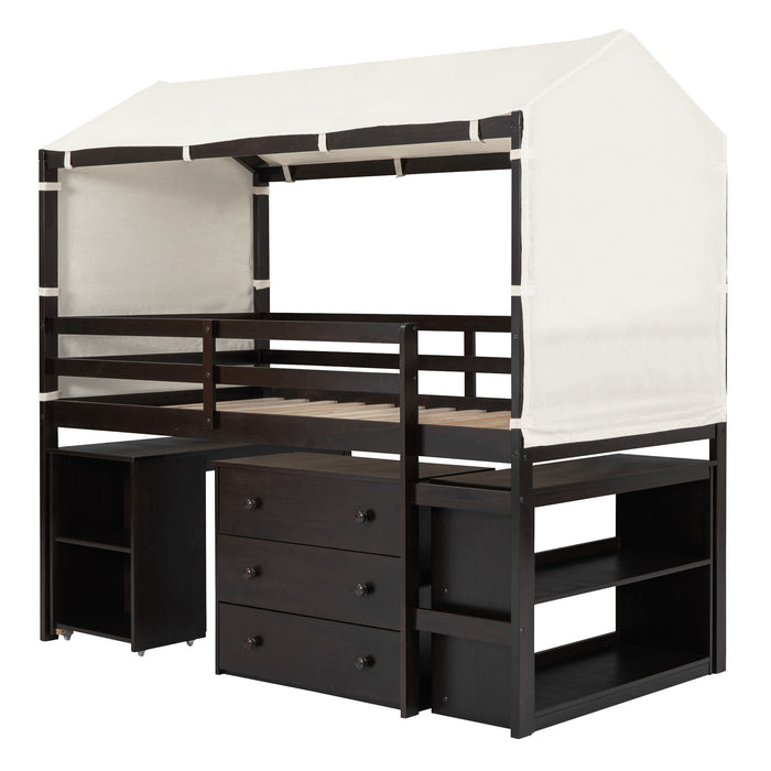 Twin Size Loft Bed With Rolling Cabinet, Shelf And Tent - Espresso