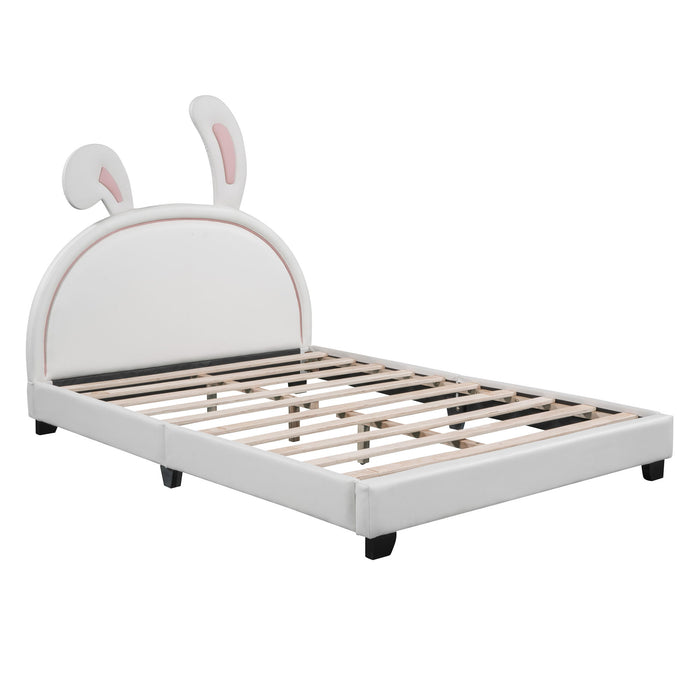 Full Size Upholstered Leather Platform Bed With Rabbit Ornament, White