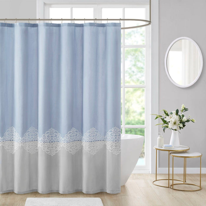 Pieced And Embroidered Shower Curtain - Blue