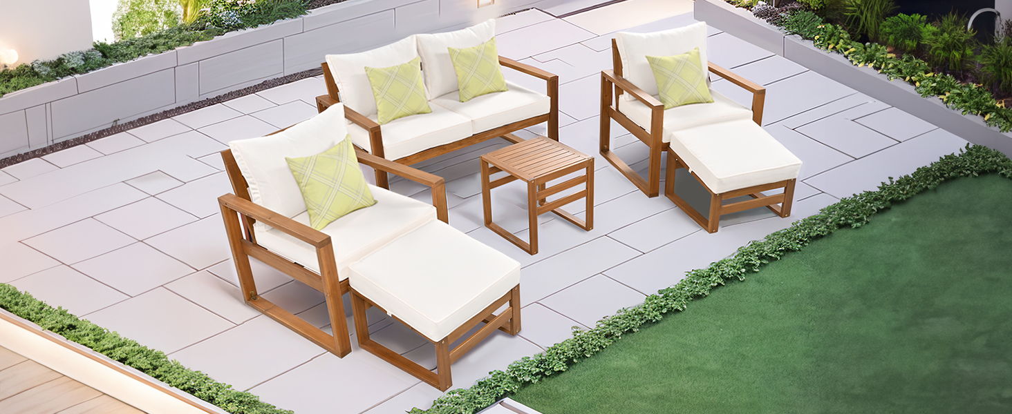 Top max Outdoor Patio Wood 6 Piece Conversation Set, Sectional Garden Seating Groups Chat Set With Ottomans And Cushions For Backyard, Poolside, Balcony, Beige