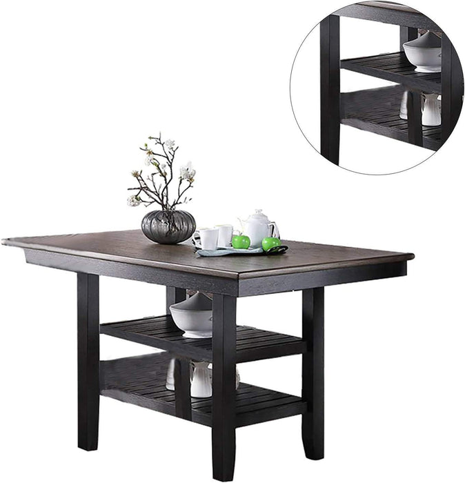 1 Piece Cunter Height Dining Table Dark Coffee Finish Kitchen Breakfast Dining Room Furniture Table 2 Storage Shelve Rubber Wood