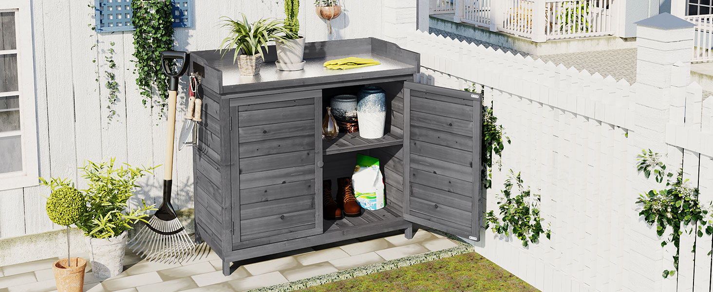 Topmax Outdoor Potting Bench Table, Rustic Garden Wood Workstation Storage Cabinet Garden Shed With 2-Tier Shelves And Side Hook, Grey