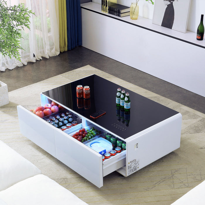 Smart Table Fridge, Multifunctional Coffee Table, Tempered Glass Table Top And Back Storage - White