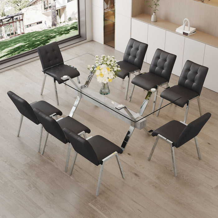 Table And Chair Set 1 Table And 8 Black Chairs Tempered Glass Desktop Equipped With Silver Plated Metal Legs And MDF Crossbars Paired With Armless Soft Backrest Dining Chairs
