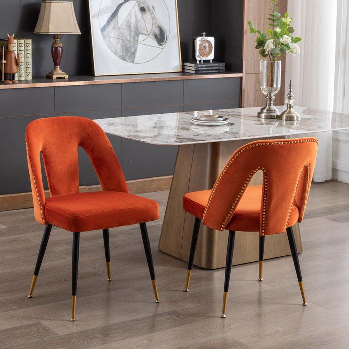 Akoya Collection Modern Contemporary Velvet Upholstered Dining Chair With Nailheads And Gold Tipped Black Metal Legs, Orange, (Set of 2)
