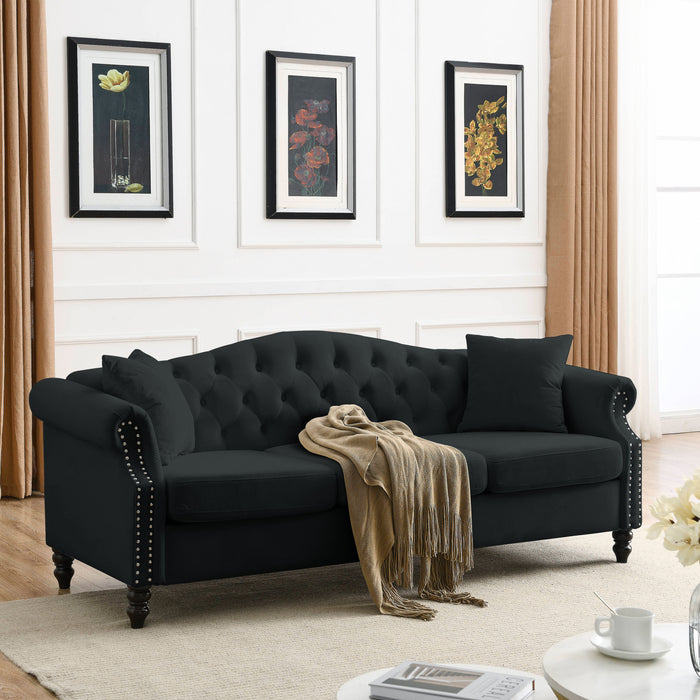 Chesterfield Sofa Black Velvet For Living Room, 3 Seater Sofa Tufted Couch With Rolled Arms And Nailhead For Living Room, Bedroom, Office, Apartment, 3 Seater / 3 Seater