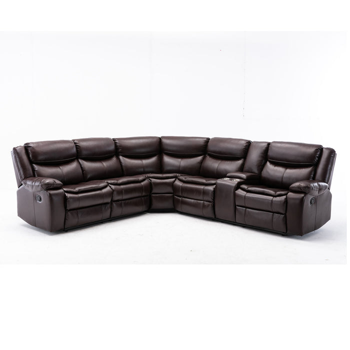 L-Shape Breath Leather Manual Reclining Sectional Sofa Set, Brown