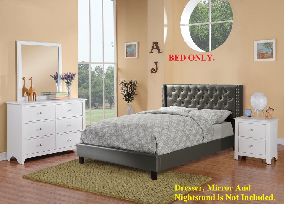 Queen Size Bed 1 Piece Bed Set Silver Faux Leather Upholstered Tufted Bed Frame Headboard Bedroom Furniture