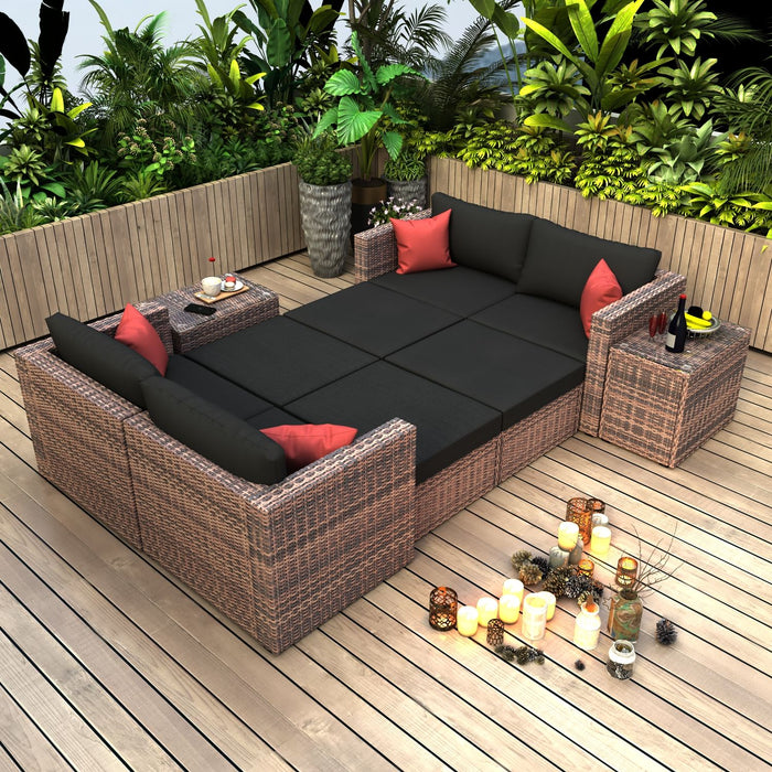 10 Pieces Outdoor Patio Garden Brown Wicker Sectional Conversation Sofa Set With Black Cushions And Red Pillows, With Furniture Protection Cover