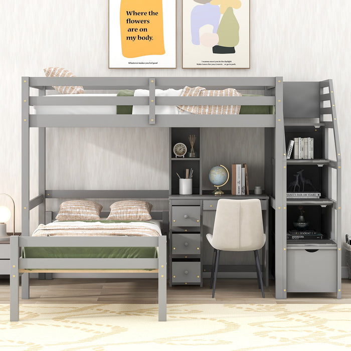 Twin Size Loft Bed With A Stand - Alone Bed, Storage Staircase, Desk, Shelves And Drawers, Gray