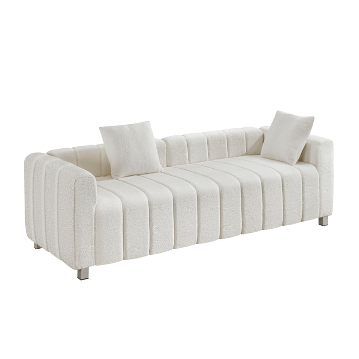Modern Teddy Velvet Sofa, 2 - 3 Seat Mid Century Indoor Couch, Exquisite Upholstered Loveseat With Striped Decoration For Living Room, Bedroom, Apartment, 2 Colors (2 Pillows) - White