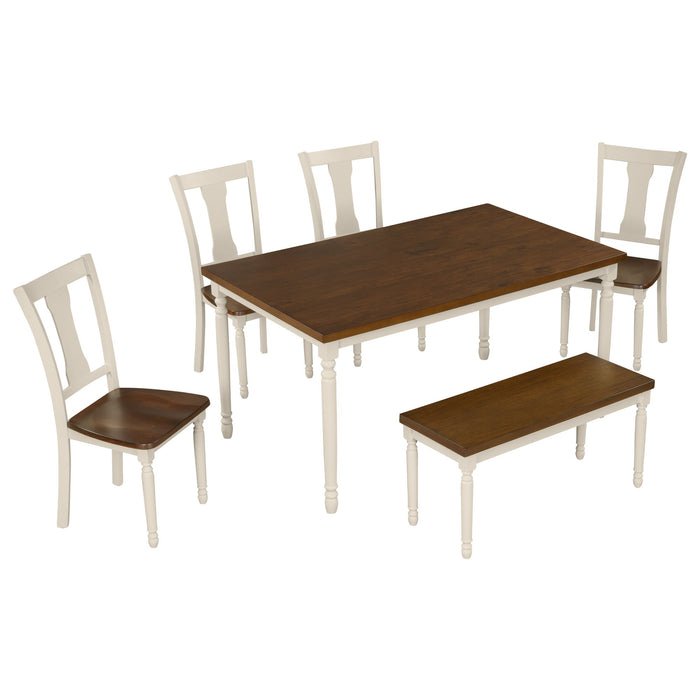 Trexm Classic 6 Piece Dining Set Wooden Table And 4 Chairs With Bench For Kitchen Dining Room (Brown / Cottage White)