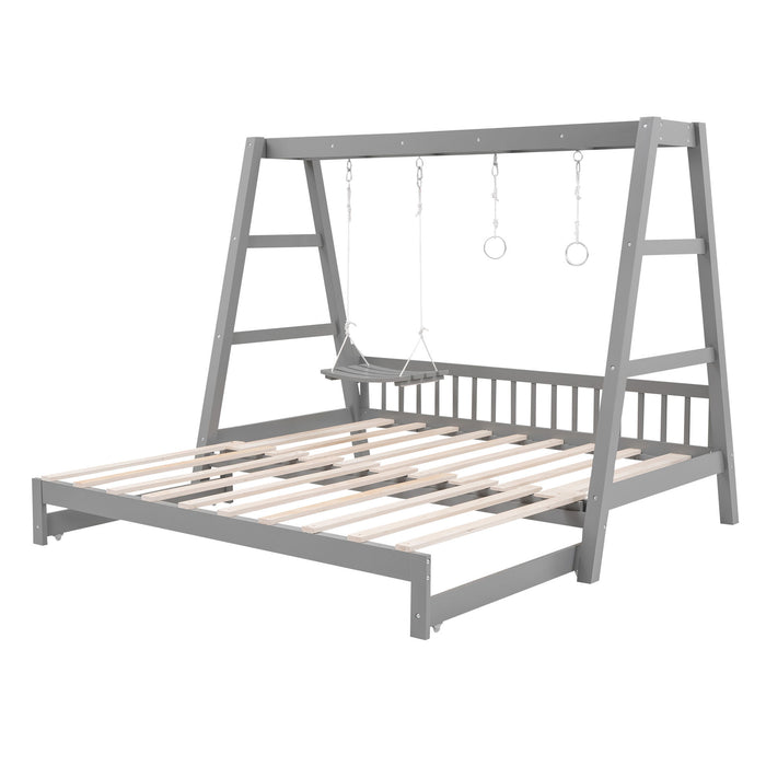 Extendable Twin Daybed With Swing And Ring Handles, Gray (Twin Bed Can Be Pulled Out To Be King)