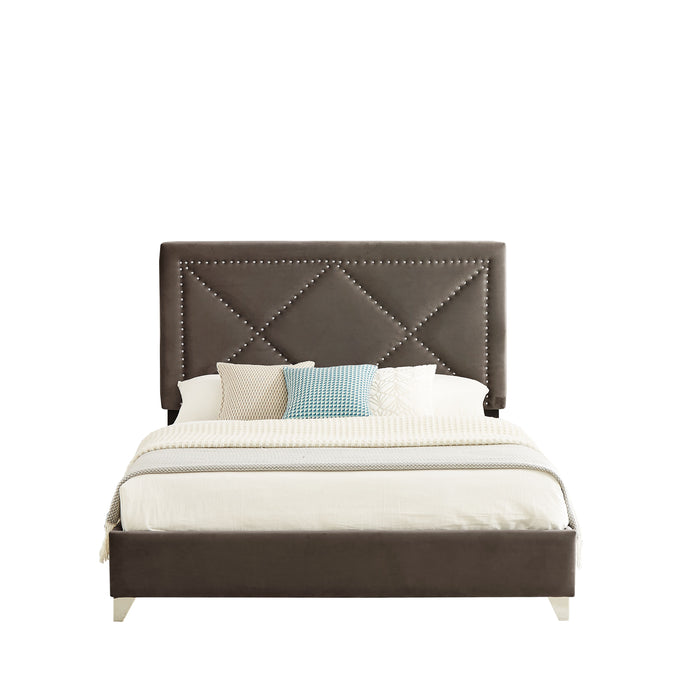 B109 Queen Bed .Beautiful Brass Studs Adorn The Headboard, Strong Wooden Slats And Metal Legs With Electroplate - Brown