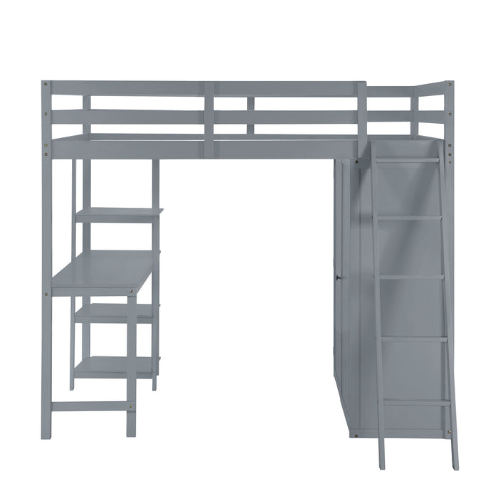 Full Size Loft Bed With Wardrobe And Desk And Shelves, Gray