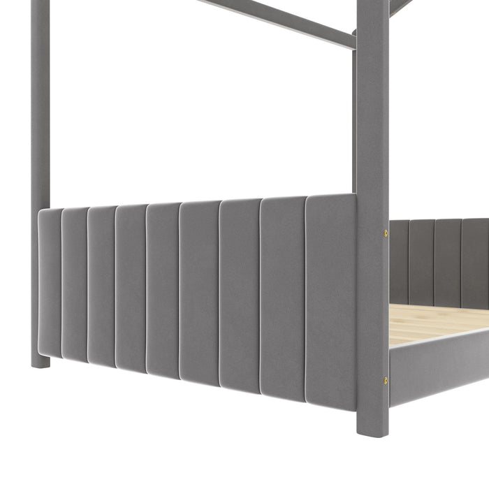 Full Size Velvet House Bed Wood Bed, Gray