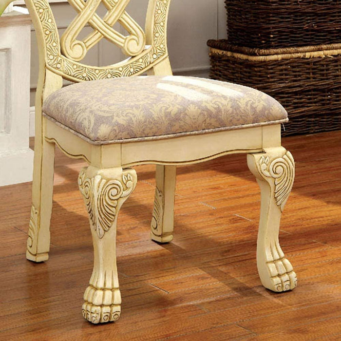 Formal Majestic Traditional Dining Chairs Vintage White Solid Wood Fabric Seat Intricate Carved Details (Set of 2) Side Chairs