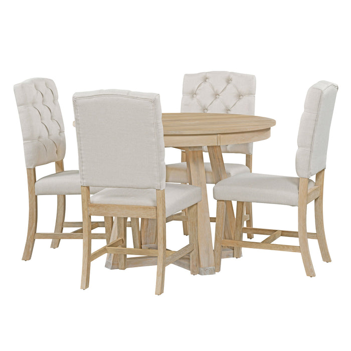 Trexm 5 Piece Retro Functional Dining Set, Round Table With A 16"With Leaf And 4 Upholstered Chairs For Dining Room And Living Room (Natural)