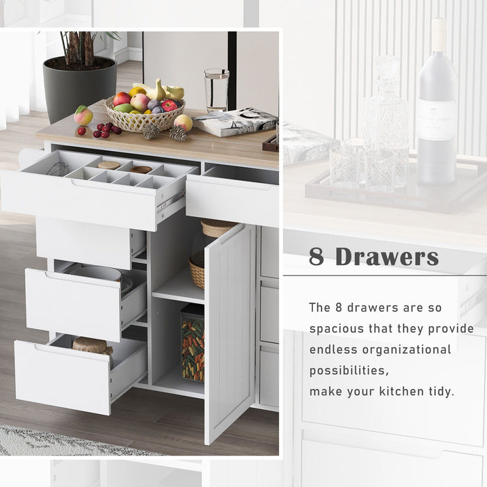 K & K Store Kitchen Cart With Rubber Wood CounterTop , Kitchen Island Has 8 Handle-Free Drawers Including A Flatware Organizer And 5 Wheels For Kitchen Dinning Room, White