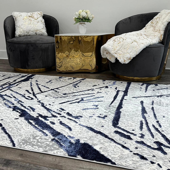 Shifra Luxury Area Rug In Gray With Navy Blue Abstract Design