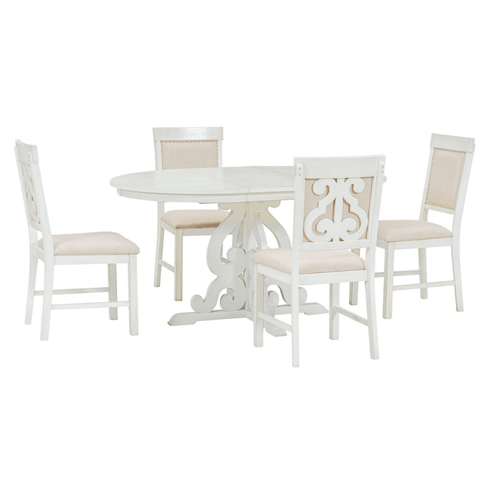 Trexm 5 Piece Retro Functional Dining Set, 1 Extendable Table With A Leaf And 4 Upholstered Chairs For Dining Room And Kitchen (Antique White)