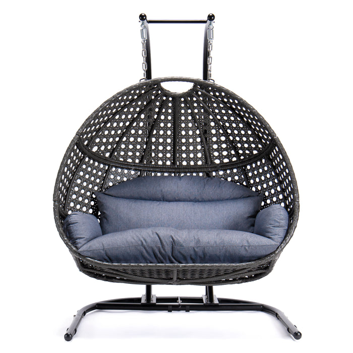 Charcoal Wicker Hanging Double Seat Swing Chair With Stand With Dust Blue Cushion