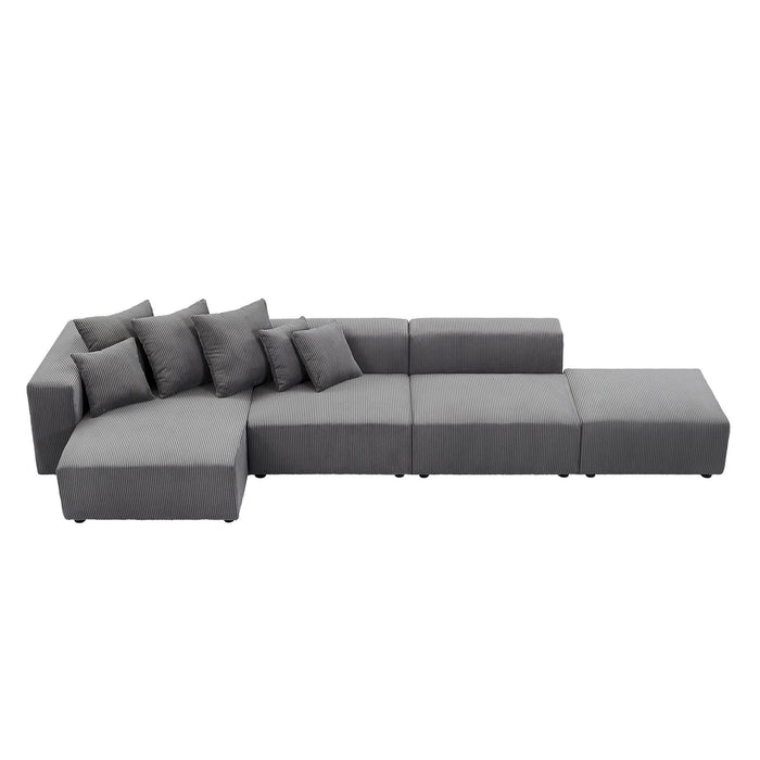 Soft Corduroy Sectional Modular Sofa 4 Piece Set, Small L Shaped Chaise Couch For Living Room, Apartment, Office, Gray