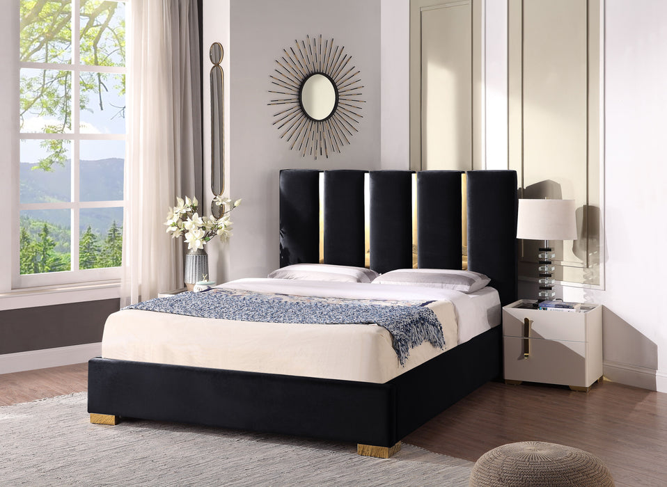 Contemporary Velvet Upholstered Bed, Solid Wood Frame, High-Density Foam, Gold Metal Leg, Queen Size - Black