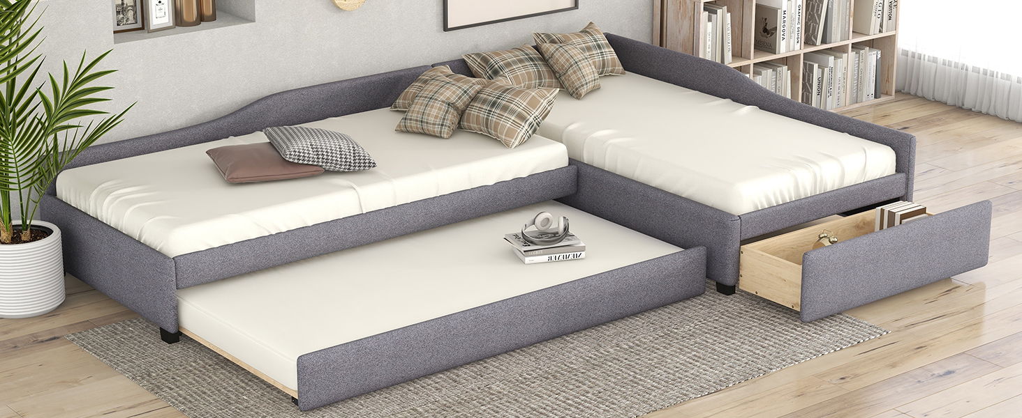 Upholstered Double Twin Size Daybed With Trundle And Drawer, Gray