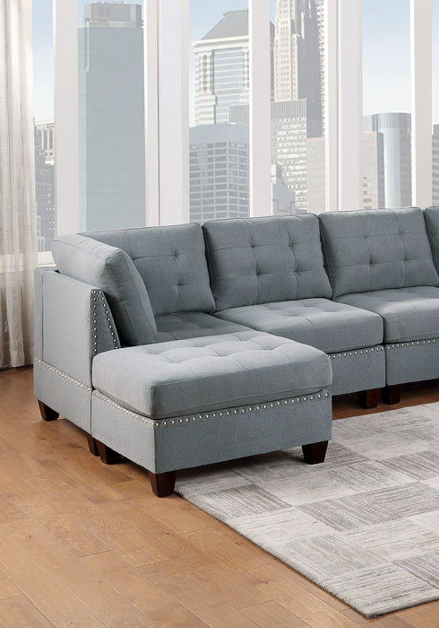 Modular Sectional 6 Piece Set Living Room Furniture U-Sectional Tufted Nail Heads Couch Gray Linen Like Fabric 2 Corner Wedge 2 Armless Chairs And 2 Ottomans