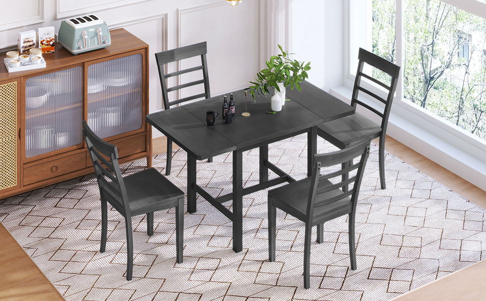 Topmax 5 Piece Wood Square Drop Leaf Breakfast Nook Extendable Dining Table Set With 4 Ladder Back Chairs For Small Places, Gray