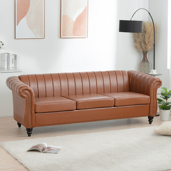 83.46" Brown PU Rolled Arm Chesterfield Three Seater Sofa