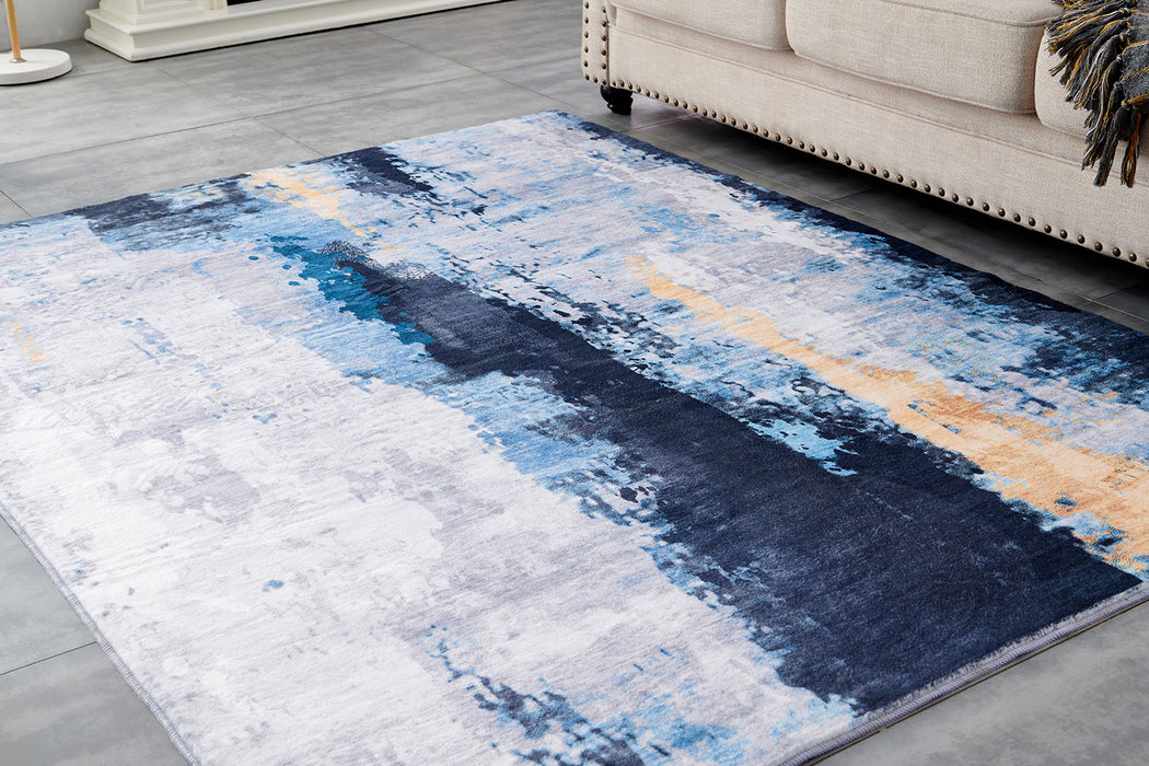Zara Collection - Abstract Design Gray Blue Yellow Machine Washable Super Soft Area Rug