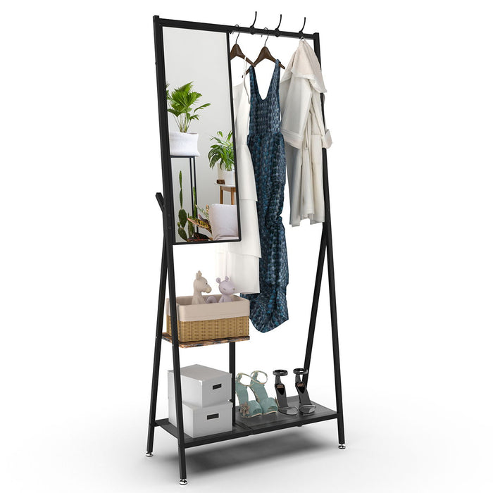 Coat Rack With Mirror, Multifunctional Hall Tree With Shoe Storage, Aluminum Frame, For Living Room Bedroom 73X32X15 Inches, Industrial Style, Rustic Brown And Black