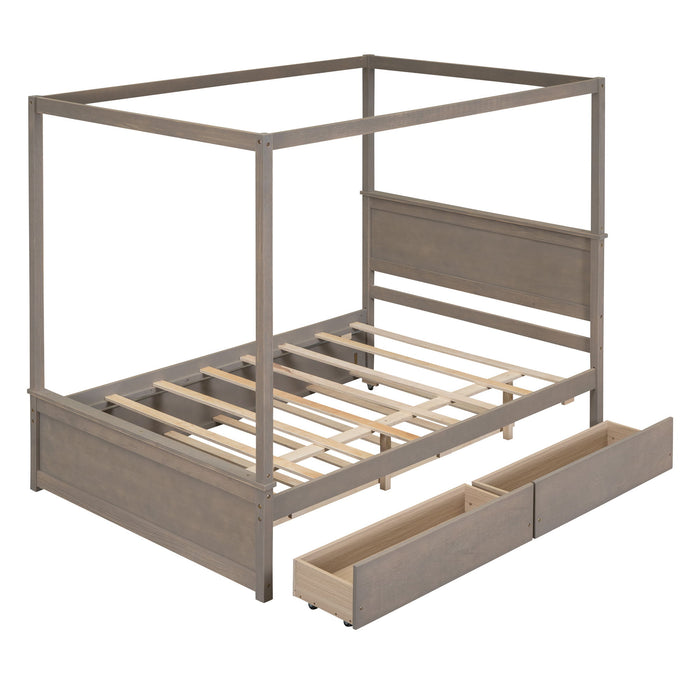 Wood Canopy Bed With Trundle Bed And Two Drawers, Full Size Canopy Platform Bed With Support Slats .No Box Spring Needed, Brushed Light Brown