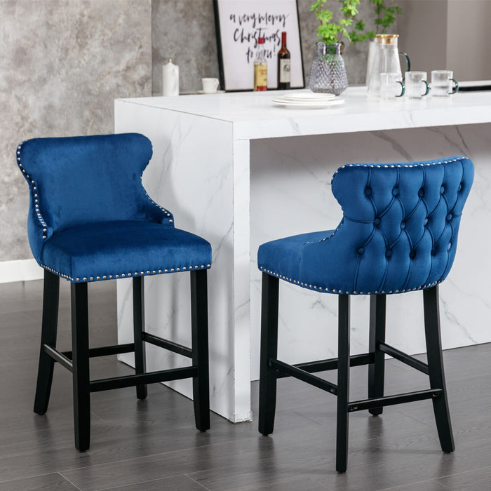 A&A Furniture, Contemporary Upholstered Wing - Back Barstools With Button Tufted Decoration And Wooden Legs, And Chrome Nailhead Trim, Leisure Style Bar Chairs, Bar Stools (Set of 2) Blue