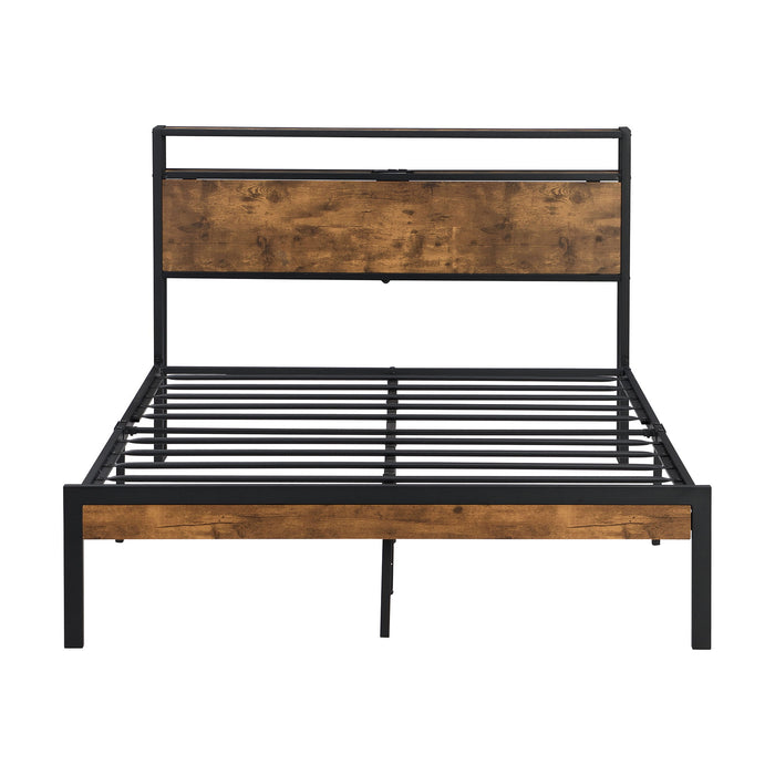 Queen Size Metal Platform Bed Frame With Wooden Headboard And Footboard With USB Liner, No Box Spring Needed