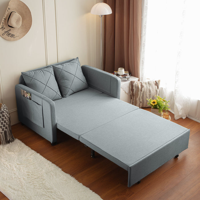 Modern Love Seat Futon Sofa Bed With Headboard, Linen Love Seat Couch, Pull Out Sofa Bed With 2 Pillows & 2 Sides Pockets For Any Small Spaces - Gray