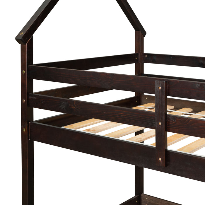 Twin Over Twin Loft Bed With Roof Design, Safety GuardrailAnd Ladder - Espresso