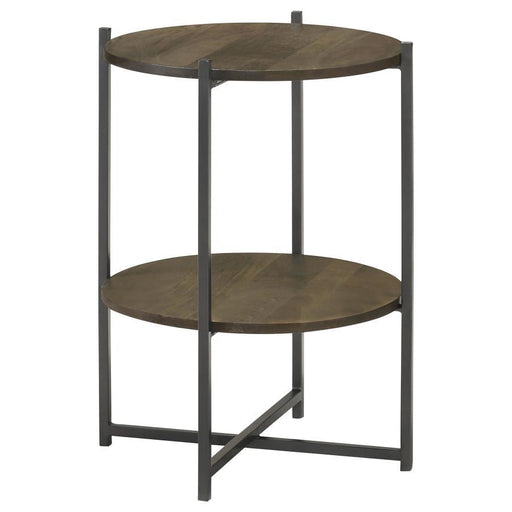 Axel - Round Accent Table With Open Shelf - Natural And Gunmetal Unique Piece Furniture