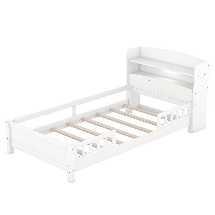 Wood Twin Size Platform Bed With Built-In Led Light, Storage Headboard And Guardrail, White