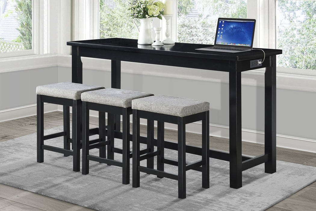 4 Piece Counter Height Dining Set Black Finish Counter Height Table W Drawer Built-In USB Ports Power Outlets And 3 Stools Casual Dining Furniture