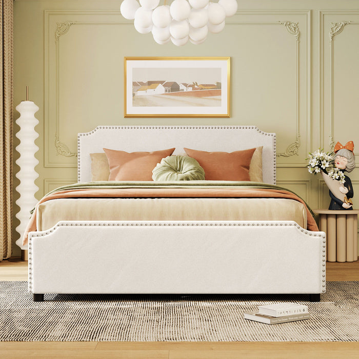 Upholstered Platform Bed With Stud Trim Headboard And Footboard And 4 Drawers No Box Spring Needed, Velvet Fabric, Queen Size (Beige)