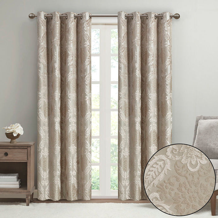 Knitted Jacquard Paisley Total Blackout Grommet Top Curtain Panel In Champagne