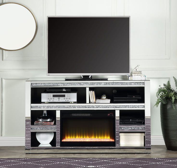 Acme Noralie TV Stand With Fireplace Mirrored & Faux Diamonds