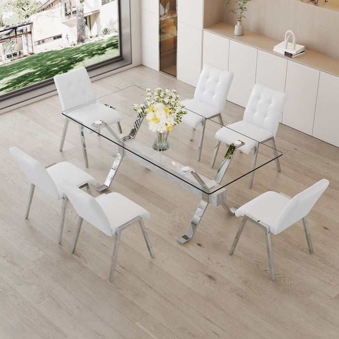 Table And Chair Set 1 Table And 6 White Chairs Tempered Glass Desktop Equipped With Silver Plated Metal Legs And MDF Crossbars Paired With Armless Soft Backrest Dining Chairs